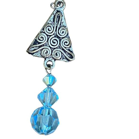 Whimsical Pewter like Blue Beaded Tree Dangle Pierced Earrings - Picture 3 of 4